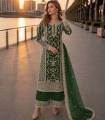 D green net semi stitched suit with coding and embroidery work