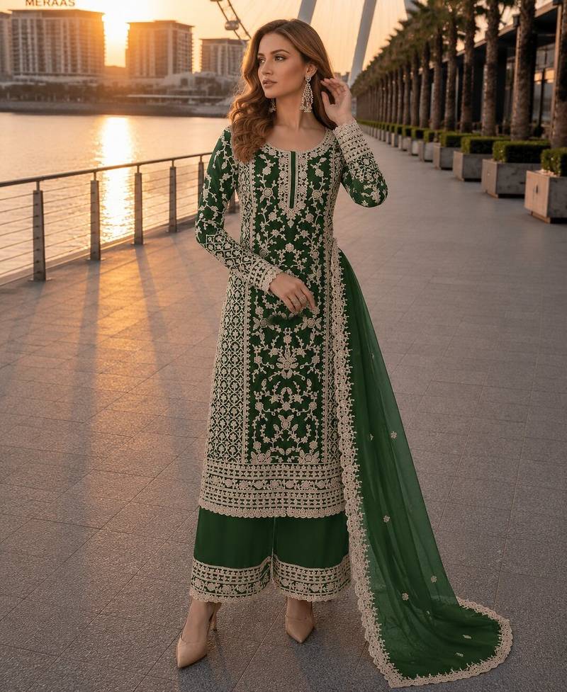 D green net semi stitched suit with coding and embroidery work