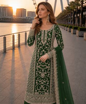 D green net semi stitched suit with coding and embroidery work 2