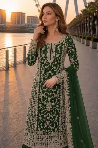 D green net semi stitched suit with coding and embroidery work