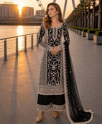 Black net semi stitched suit with coding and embroidery work 1