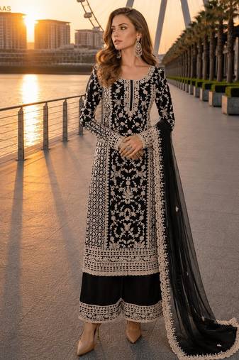 Black net semi stitched suit with coding and embroidery work