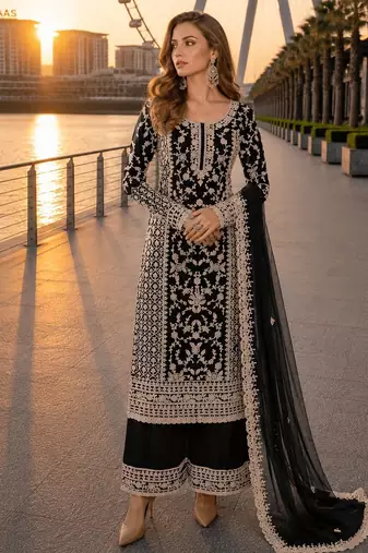 Black net semi stitched suit with coding and embroidery work