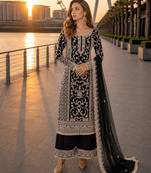 Black net semi stitched suit with coding and embroidery work