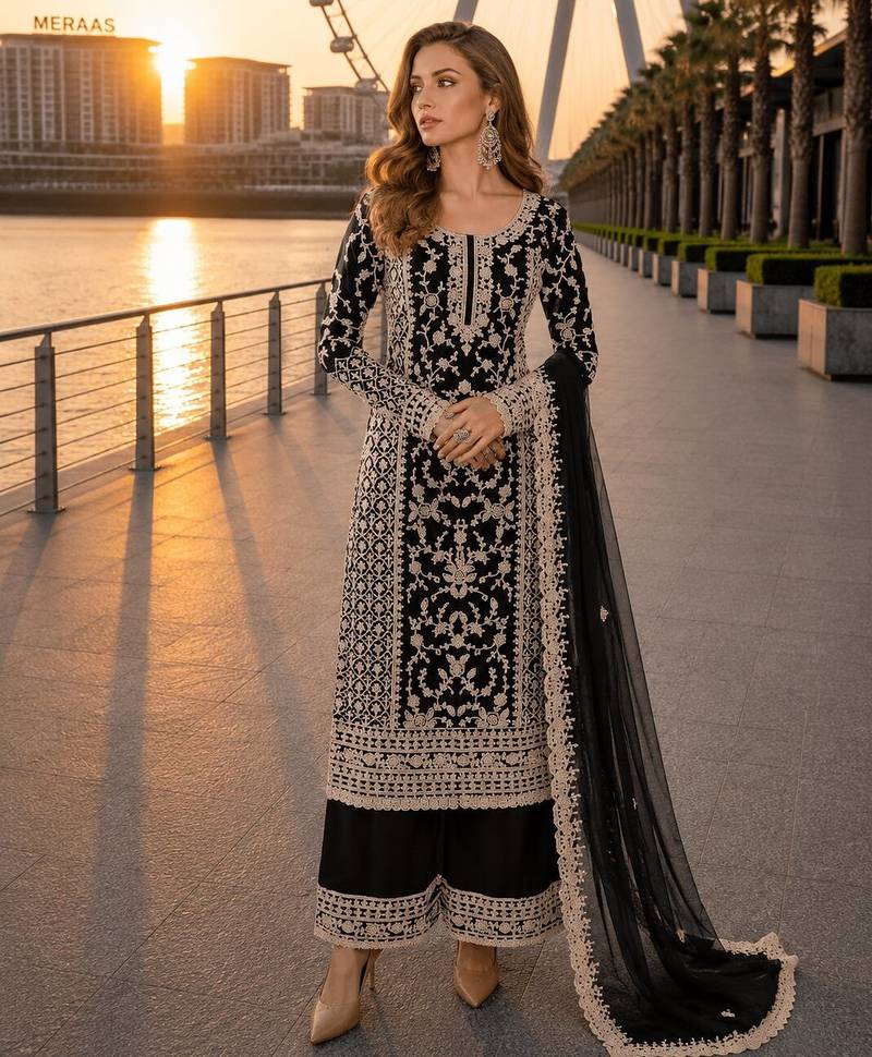 Black net semi stitched suit with coding and embroidery work