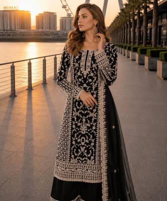 Black net semi stitched suit with coding and embroidery work 2