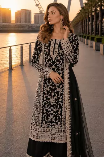 Black net semi stitched suit with coding and embroidery work