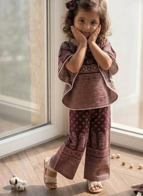 Wine ajrakh bloom cotton kaftan palazzo set for girls kids with bow gift 4