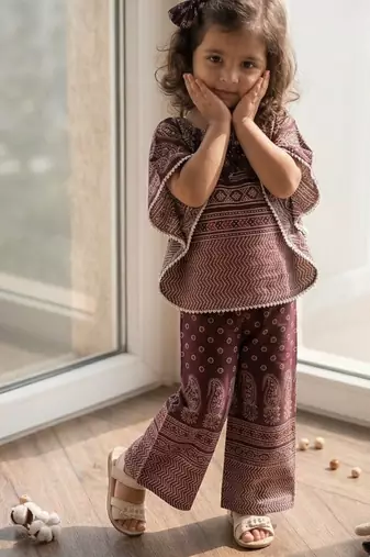 Wine ajrakh bloom cotton kaftan palazzo set for girls kids with bow gift