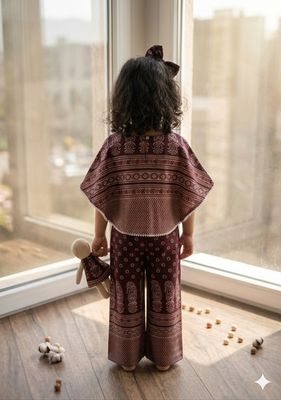 Wine ajrakh bloom cotton kaftan palazzo set for girls kids with bow gift 5
