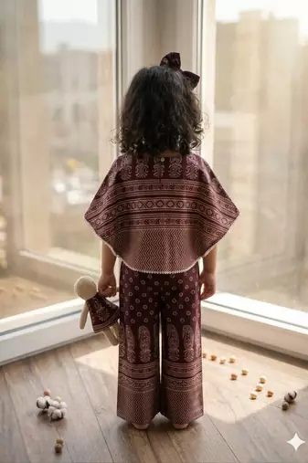 Wine ajrakh bloom cotton kaftan palazzo set for girls kids with bow gift