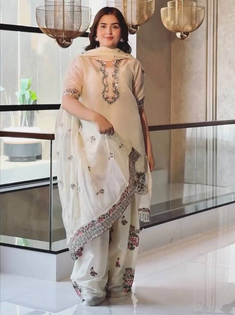 Cream colour pure fendi silk embroidered farshi palazzo suit set