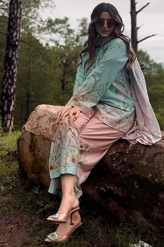 Sky blue premium maslin cotton kurti pant set with digital print dupatta
