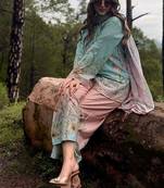 Sky blue premium maslin cotton kurti pant set with digital print dupatta