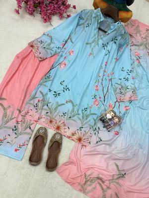 Sky blue premium maslin cotton kurti pant set with digital print dupatta 3