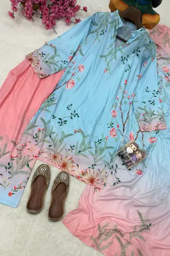 Sky blue premium maslin cotton kurti pant set with digital print dupatta