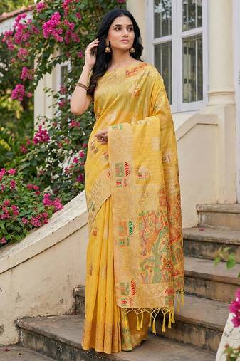 Yellow colour linen cotton saree with jacquard weaving & tassel pallu