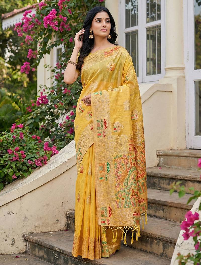 Yellow colour linen cotton saree with jacquard weaving & tassel pallu