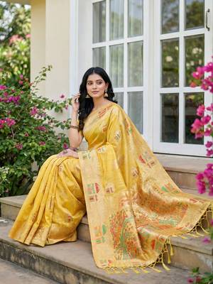 Yellow colour linen cotton saree with jacquard weaving & tassel pallu 3