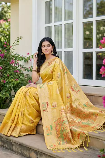 Yellow colour linen cotton saree with jacquard weaving & tassel pallu