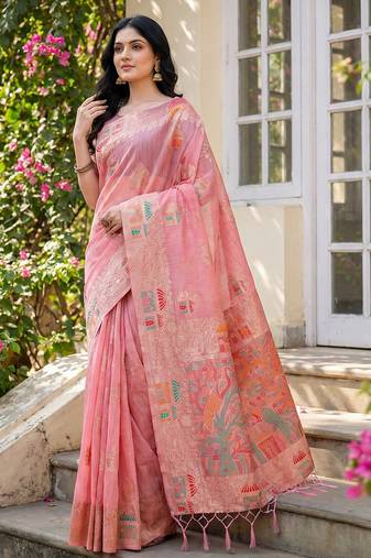 Pink colour linen cotton saree with jacquard weaving & tassel pallu