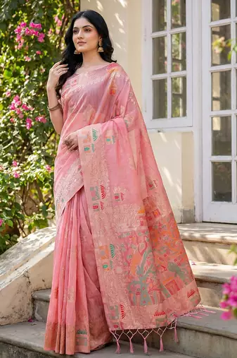 Pink colour linen cotton saree with jacquard weaving & tassel pallu