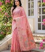 Pink colour linen cotton saree with jacquard weaving & tassel pallu