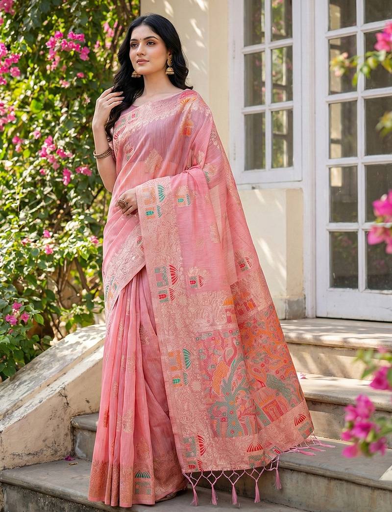Pink colour linen cotton saree with jacquard weaving & tassel pallu