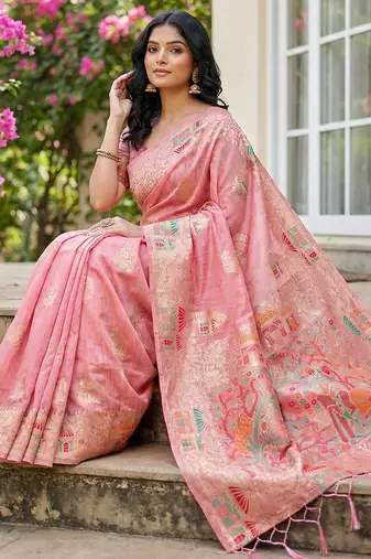 Pink colour linen cotton saree with jacquard weaving & tassel pallu