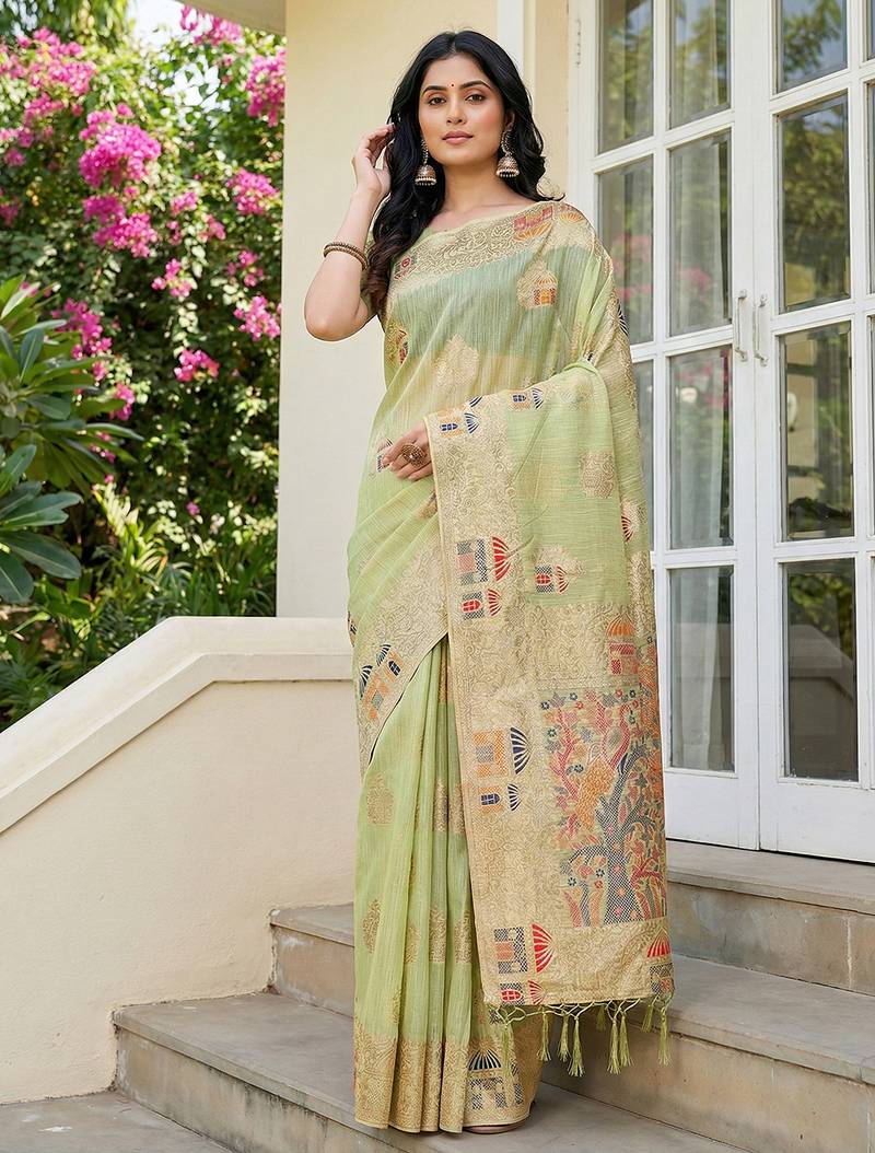 Green colour linen cotton saree with jacquard weaving & tassel pallu