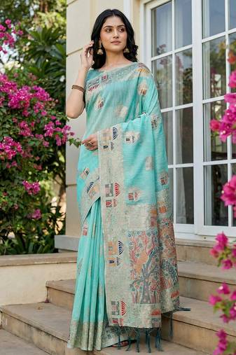 Aqua blue colour linen cotton saree with jacquard weaving & tassel pallu