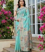 Aqua blue colour linen cotton saree with jacquard weaving & tassel pallu