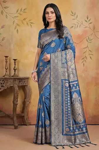 Skyblue colour jacquard weaving with rich zari border & pallu work