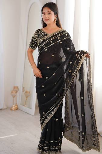 Black colour fendy satin sequins embroidered saree