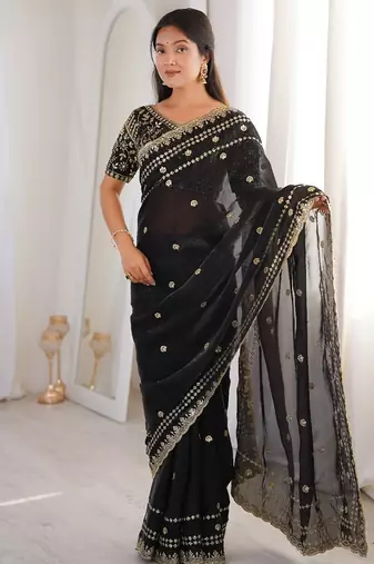 Black colour fendy satin sequins embroidered saree