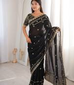 Black colour fendy satin sequins embroidered saree