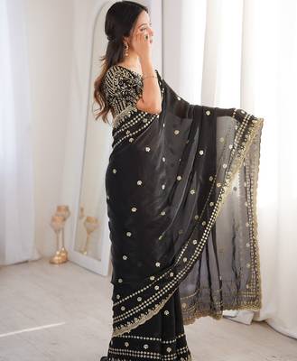 Black colour fendy satin sequins embroidered saree 2