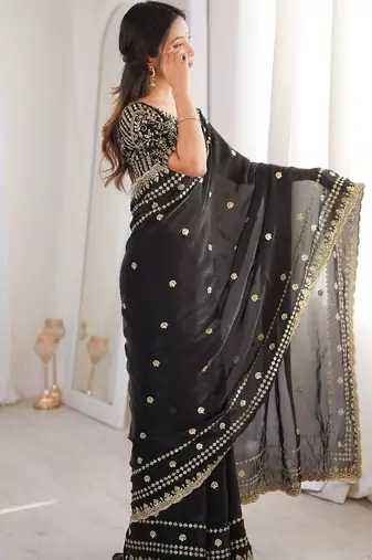 Black colour fendy satin sequins embroidered saree