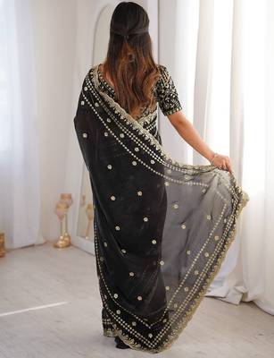Black colour fendy satin sequins embroidered saree 3
