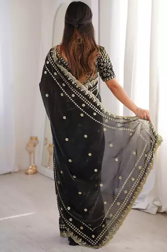 Black colour fendy satin sequins embroidered saree