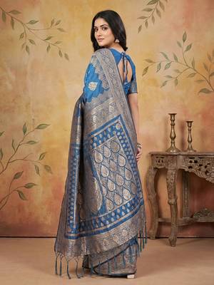 Skyblue colour jacquard weaving with rich zari border & pallu work 3