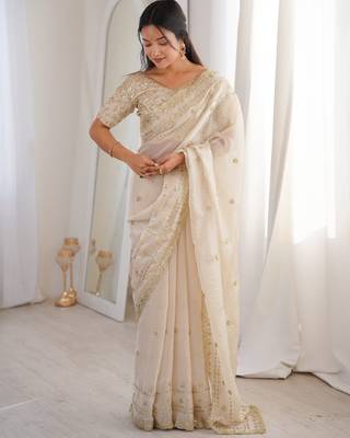Ivory colour fendy satin sequins embroidered saree 1