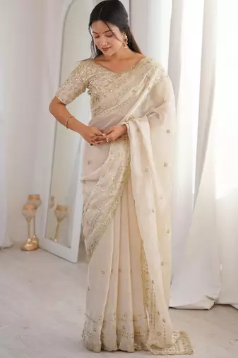 Ivory colour fendy satin sequins embroidered saree