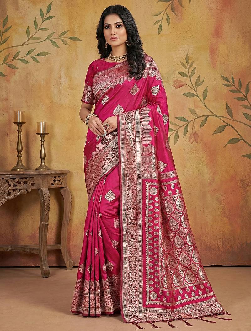 Magenta colour jacquard weaving with rich zari border & pallu work