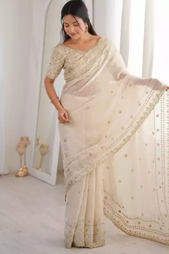 Ivory colour fendy satin sequins embroidered saree