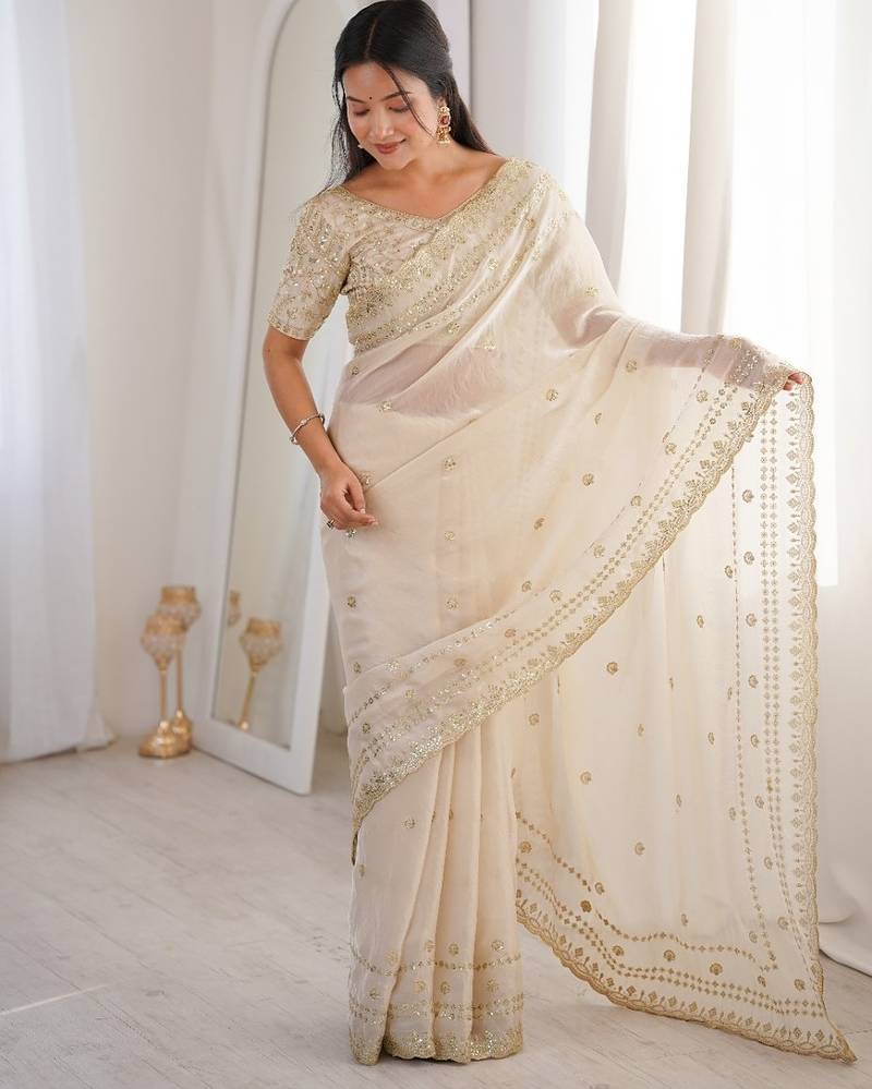 Ivory colour fendy satin sequins embroidered saree