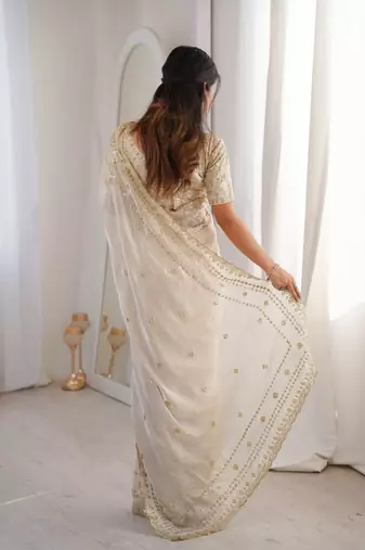 Ivory colour fendy satin sequins embroidered saree