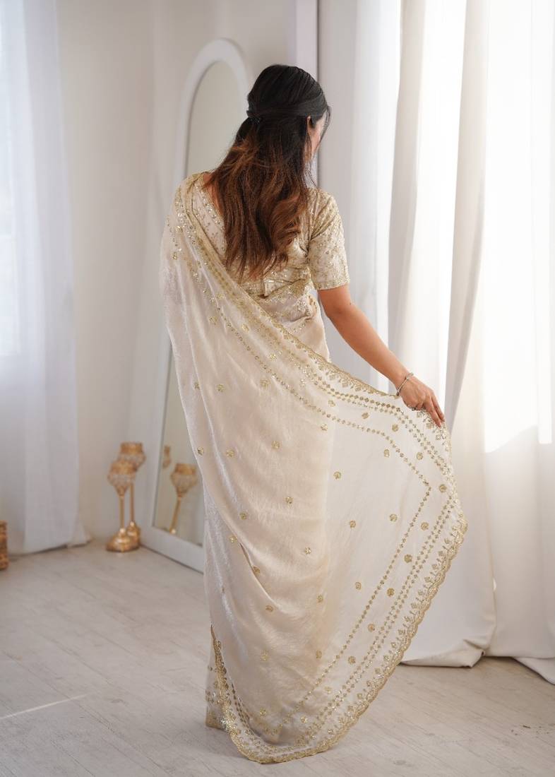 Ivory colour fendy satin sequins embroidered saree