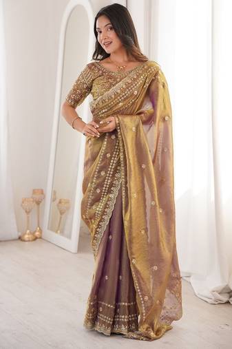 Gold colour fendy satin sequins embroidered saree
