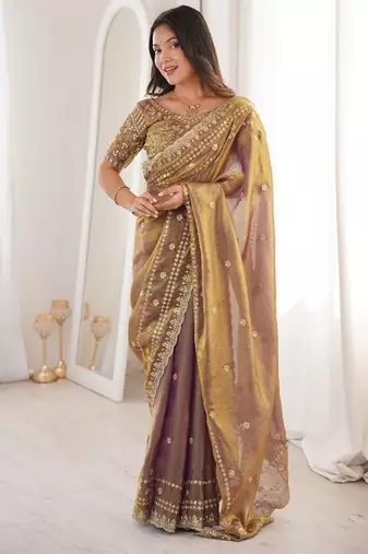 Gold colour fendy satin sequins embroidered saree